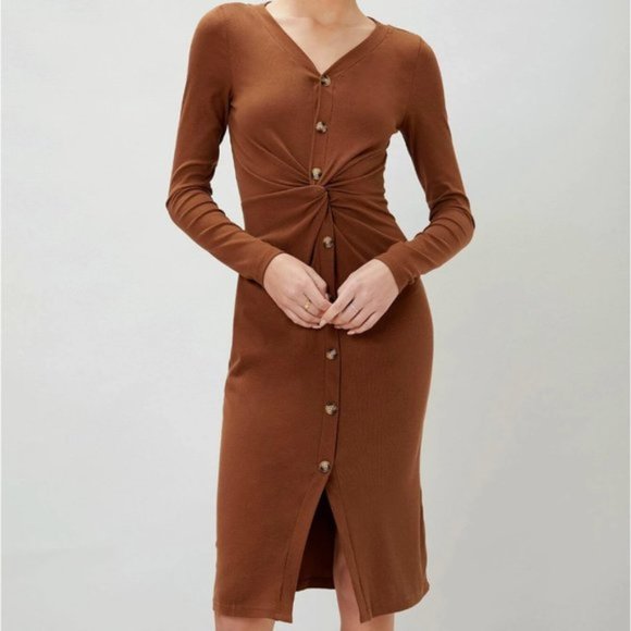 Dresses & Skirts - Viscose Cotton Front Twist Knot Ribbed Dress Brown.